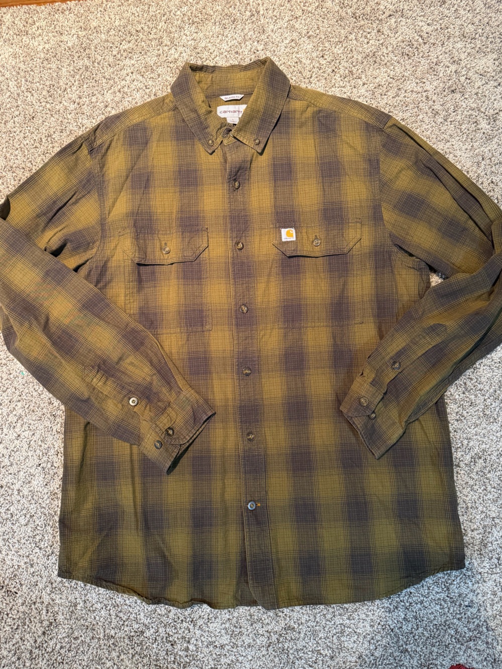 Men’s Carhartt Olive Green Plaid Button-Up Shirt